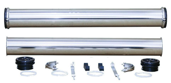 ProTool Housing SS 40in 1/2in in 1/2 out 300psi, image showing the main stainless steel housing pipes, along with associated rubber seals, clamps, and fittings for pneumatic or fluid systems.