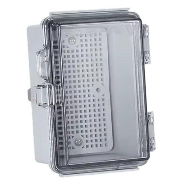 J.Racenstein Enclosure Box 4in x 6in x 3.5in Clear, transparent plastic electrical junction box with secure latch and vented interior for electrical components.