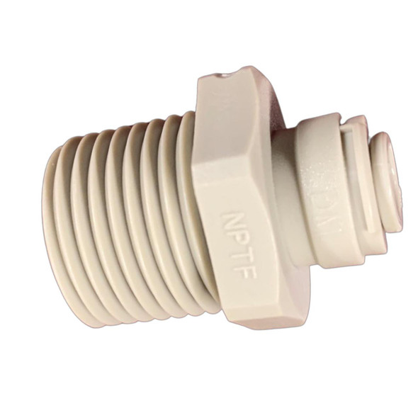 ProTool Male Connector 1/2in Male NPT x 1/4in Tube, white plastic plumbing fitting with threaded and barbed ends for connecting pipes and tubing.