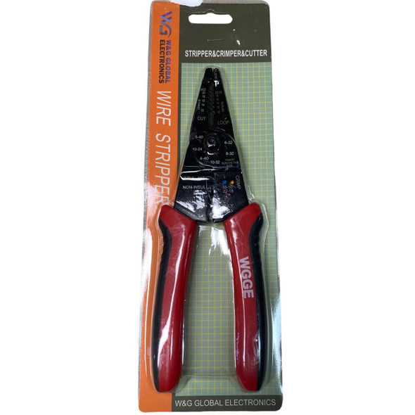 J.Racenstein Wire Crimper Stripper Tool, black and red-handled wire crimper and stripper in packaging.