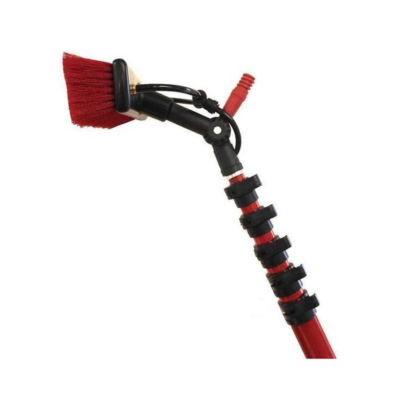 Gardiner Pole Systems Gardiner CLX 32ft Pole Carbon Composite, red and black pole with brush head attachment designed for window cleaning or high-reach cleaning tasks.