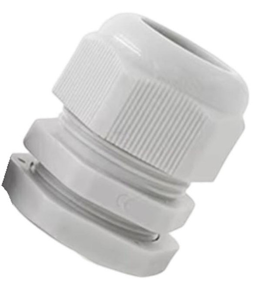J.Racenstein Cable Gland 1/8in to 1/4in wire, white plastic cable gland with threaded locking mechanism for secure cable connection.