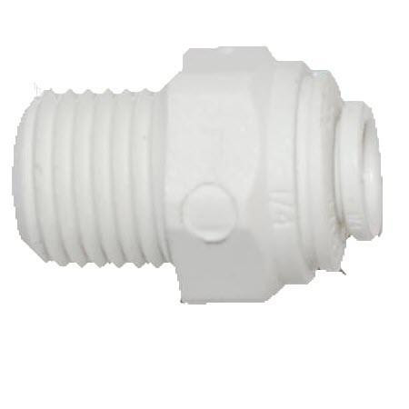 J.Racenstein Male Connector 1/4in tube x 3/8in NPT, image of a white plastic threaded connector fitting for plumbing or pneumatic applications.