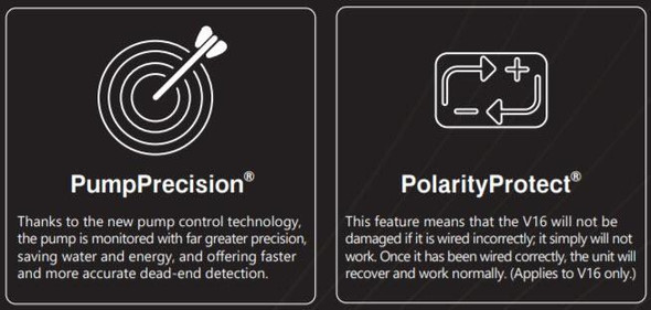Spring Pump Controller V16 15 Amp 12V, image showing features like PumpPrecision and PolarityProtect with descriptions of pump control and wire protection.