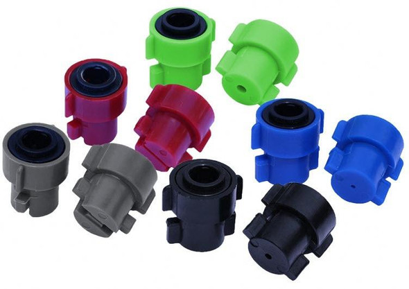 J.Racenstein Gardiner Enlarger 1/4 Stem to 5/16 Hose Push Fit, assorted colorful hose fittings in green, red, blue, black, and gray for irrigation or plumbing use.