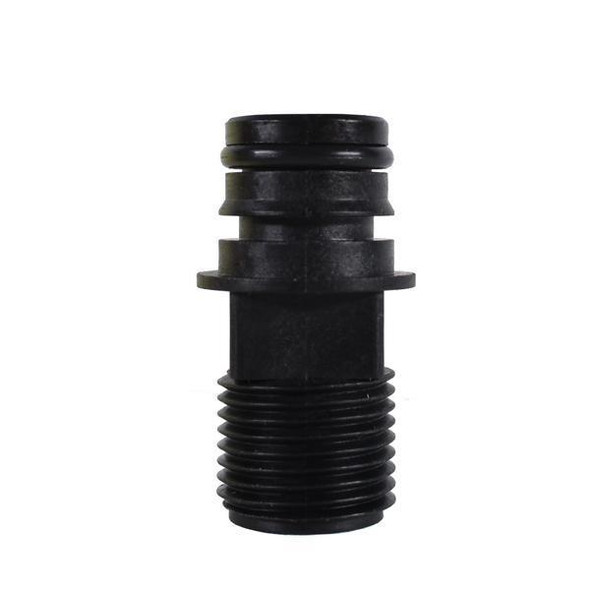 ProTool Thread Male Straight 1/2in to 3/4in, image of a black threaded pipe fitting for plumbing or industrial use.