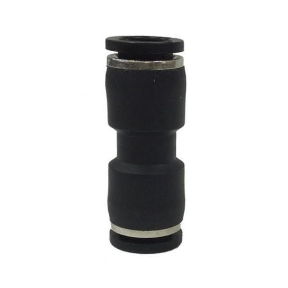 J.Racenstein Gardiner Hose Union Connect 5/16 PushFit, black hose connector with metal fittings for easy garden hose attachment.