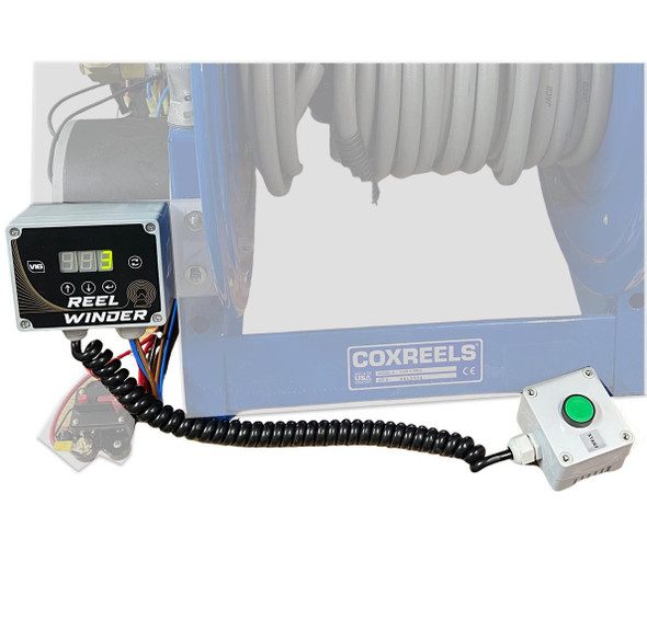 Spring Controller, Reel Rewinder With Remote Button Pendant, automatic cable reel with remote start/stop control and digital display.
