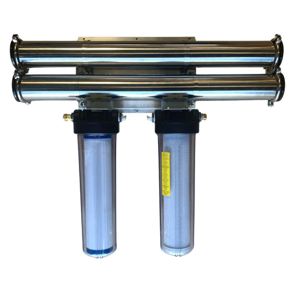 ProTool Wall Mount Plate for 2 SS RO and 2 -20in Housings with Clear Sump, a stainless steel mounting system with two reverse osmosis housings and transparent filters.