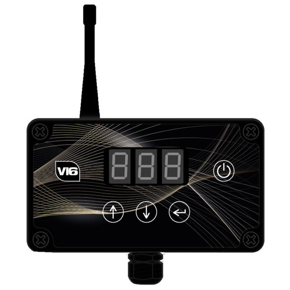 Spring Pump Controller V16 WFP Link Long Range Remote Control 15 Amp 12V, electronic pump control device with digital display and remote control connectivity.