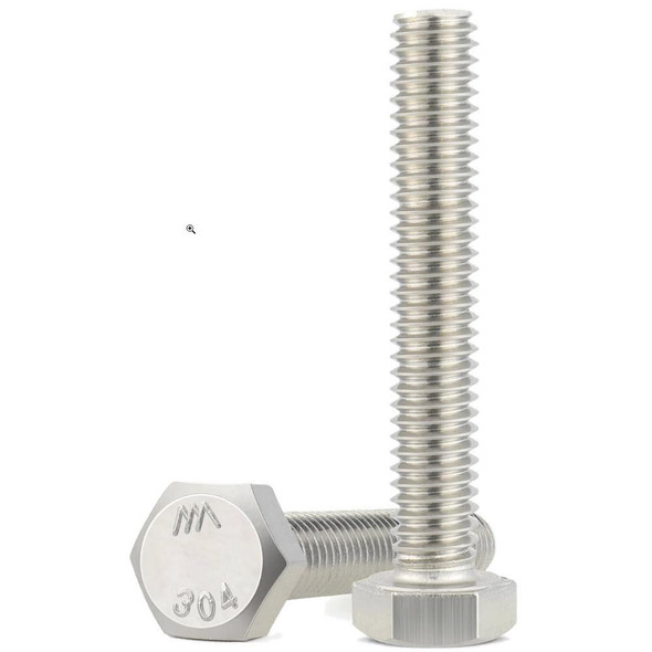 J.Racenstein Screw 1/4-20 x 2.5 in SS Hex Cap, close-up of stainless steel hex head screw with threaded shaft and hexagonal head.