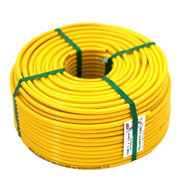 J.Racenstein Gardiner Hose Yellow All Season Pole Hose, coiled yellow hose secured with green ties for outdoor watering and gardening.