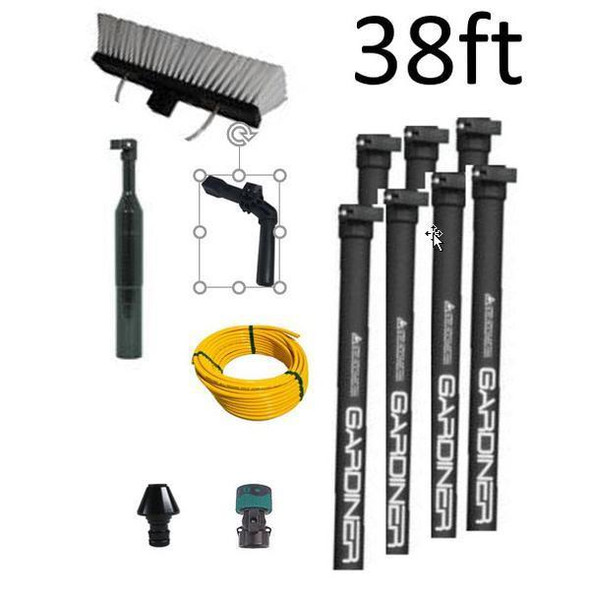 Gardiner Pole Systems Sectional WFP Gardiner 38ft Carbon, image showing pole system components including poles, brush head, hose, and tools.