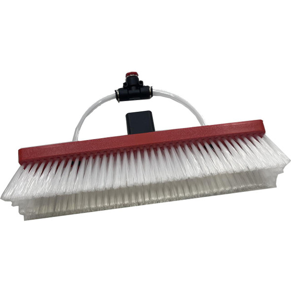 J.Racenstein TaperTec 10in Ultimate Brush 2 Jets Gardiner, industrial cleaning brush with white bristles and red top, featuring two water jets for efficient cleaning.