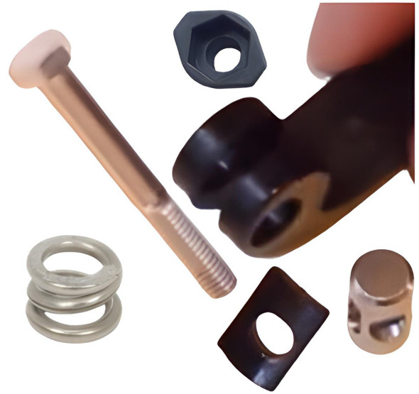 J.Racenstein Gardiner Lever Complete, includes metallic lever, black nut, metal washers, and black rubber bushings for plumbing faucet repair and maintenance.