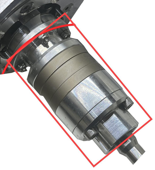 ProTool Gearbox for 32in and 29in Water Powered Rotary Brush, industrial gearbox with metallic components and red outline highlighting the product.
