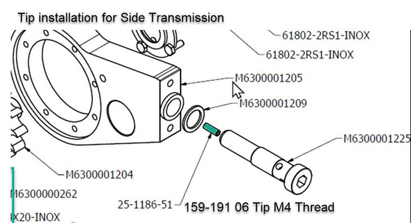 J.Racenstein Nozzle Tip Stainless Steel 06 Size M4, detailed technical drawing of the nozzle tip with M4 threaded end and technical labels.