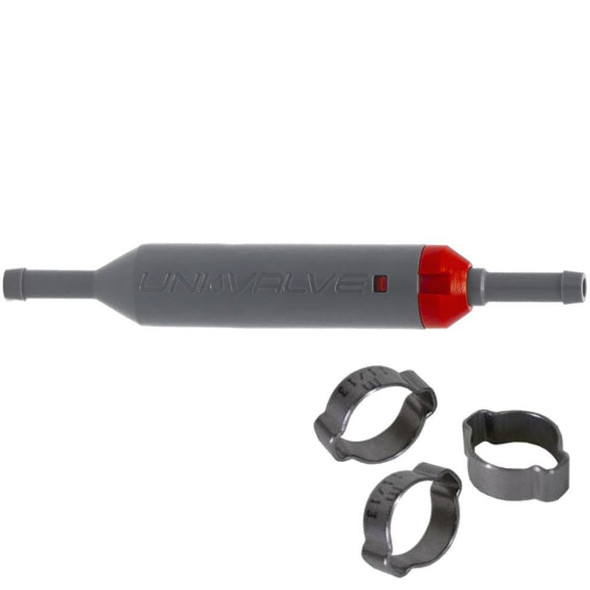 J.Racenstein UniValve on/off switch for WFP with crimps, gray and red in color with clamp rings.