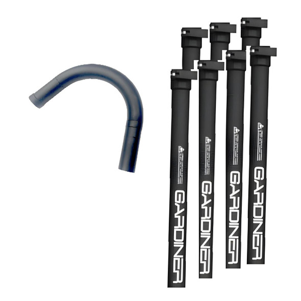 J.Racenstein Gutter Pole Gardiner 38ft Carbon Fiber, gutter cleaning poles with four black extension poles and one curved blue carbon fiber pole for easy gutter maintenance.