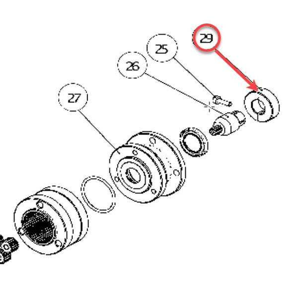 ProTool Motor Shaft Locker for 32in and 39in Rotary Brush, exploded view of the motor shaft locking mechanism with labeled components including part 29.