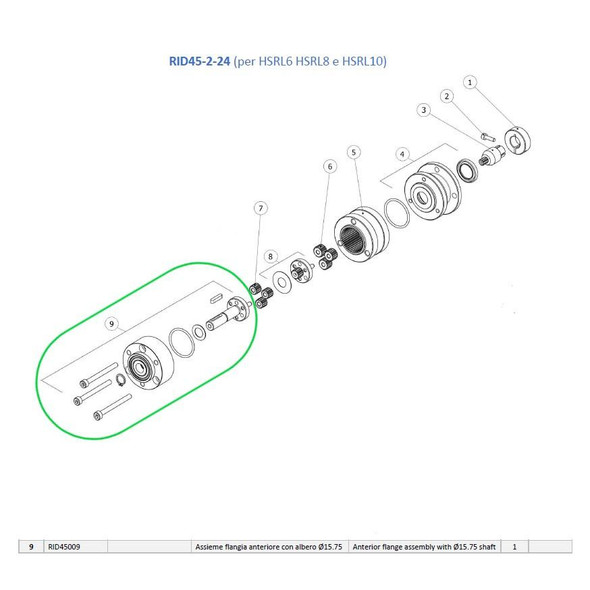 J.Racenstein Anterior Flange Assembly with 015.75 Shaft, exploded view diagram of mechanical component parts.
