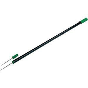 Unger Paper Picker Pin 42in, close-up image of a black extendable paper picker pin with green tips for cleaning and picking up papers.
