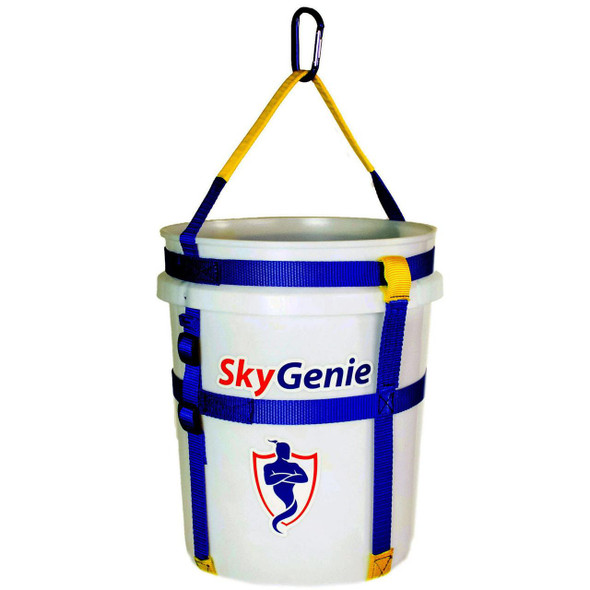J.Racenstein Bucket Harness Sky Genie, a durable harness with blue and yellow straps securely attached to a white bucket for safety during bucket work or rescue operations.