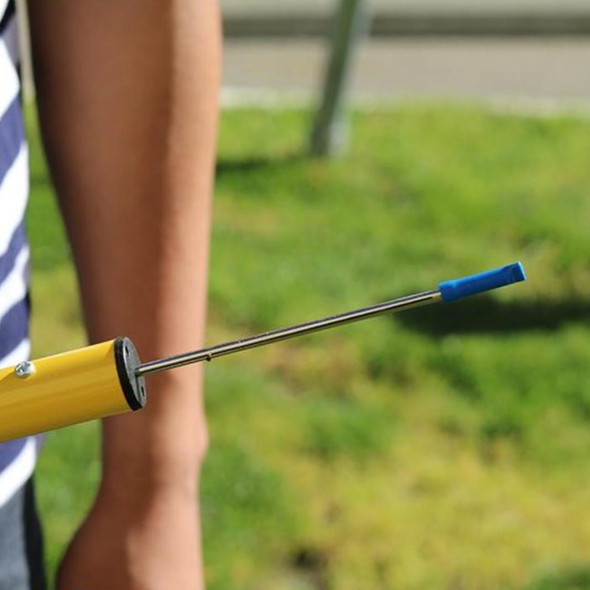 Ettore Trash Picker 43in, close-up of the tool showing its extended yellow handle and blue gripping end, used for picking up trash comfortably.
