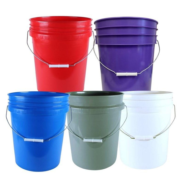 J.Racenstein Bucket 5 Gallon Round, colorful plastic buckets in red, purple, blue, gray, and white with metal handles.