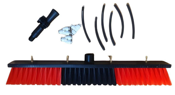 J.Racenstein Solar Brush 22in ACME Socket, cleaning brush with red and black bristles, and various attachments including hose and nozzle for solar panel maintenance.