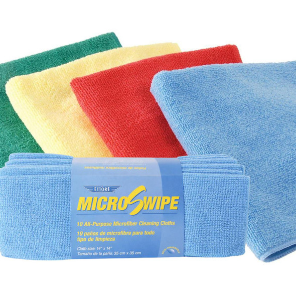 Ettore MicroSwipe Microfiber Towel 10 Pack, colorful microfiber cleaning towels in green, yellow, red, and blue with a blue wrap.