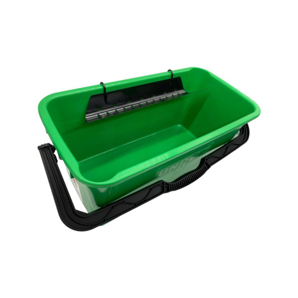 Unger Bucket BigPro Complete Unger, green cleaning bucket with black handle and integrated squeegee holder.