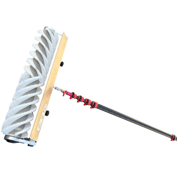 J.Racenstein Rotary Solar Brush 32in Water Powered with 27ft ProTool Solar Pole, a water-powered rotary brush cleaning tool with a long telescopic solar pole for efficient cleaning.