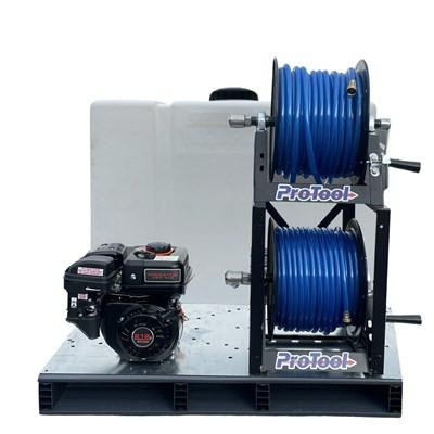 ProTool Solar Skid + Rotary Brush Water Powered, outdoor cleaning equipment with hoses and a water tank.