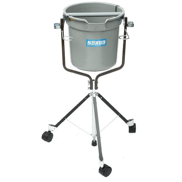 Sorbo Quadropod Rolling Stand, portable gray stand with wheels and metal frame for holding buckets, empty without bucket, designed for industrial or cleaning use.