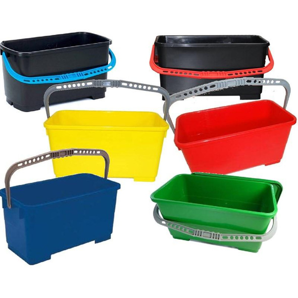 Pulex Bucket Rectangular, colorful rectangular cleaning buckets with handles for professional cleaning tasks.