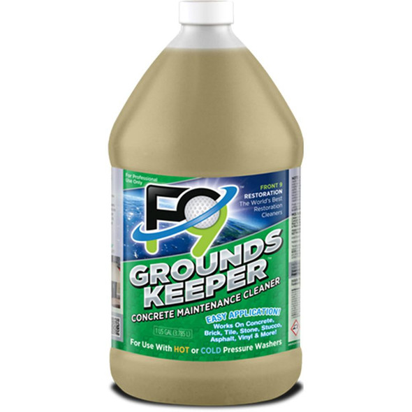 J.Racenstein F9 GroundsKeeper Concrete Cleaner Gal, bottle of concrete maintenance cleaner for surfaces like concrete, brick, tile, stone, stucco, asphalt, vinyl, and more.
