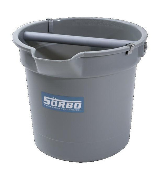 Sorbo Quadropod Bucket, a gray plastic cleaning bucket with a sturdy design and a handle for easy maneuverability.