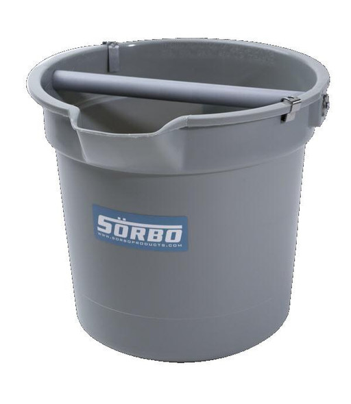 Sorbo Quadropod Bucket, a gray plastic bucket with a sturdy handle and a blue Sorbo logo on the front, designed for industrial or cleaning purposes.