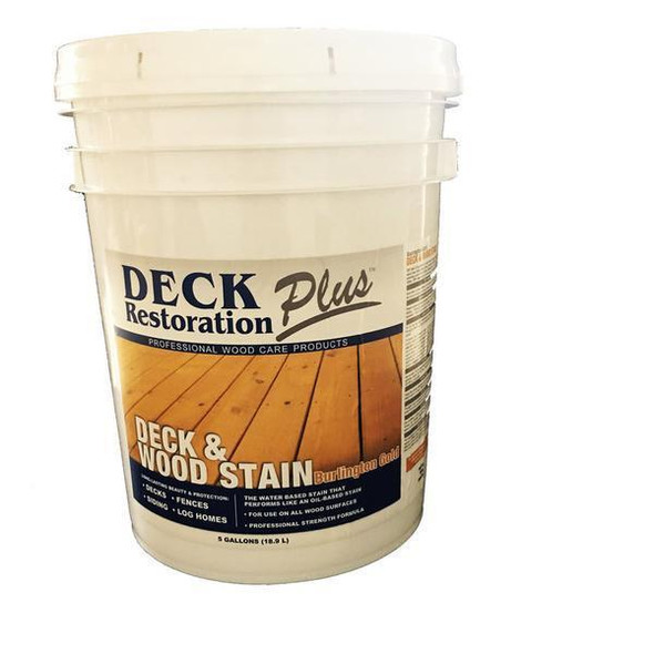 J.Racenstein Burlington Gold Deck & Wood Stain DRP, a white bucket containing deck and wood stain product with a label showing wooden deck planks and product details.