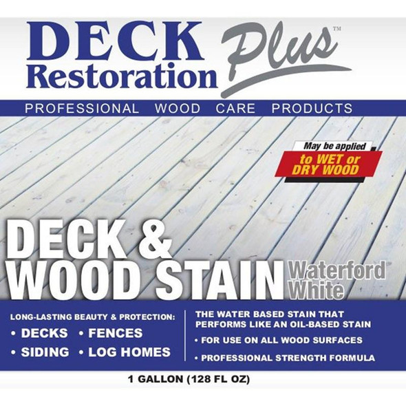 J.Racenstein Waterford White Deck and Wood Stain, product packaging with a wooden deck surface showing the stain application.
