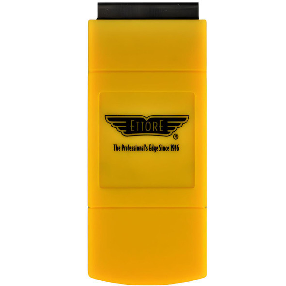 Ettore Pocket Scraper, yellow handheld tool with black blade, designed for cleaning and scraping surfaces.