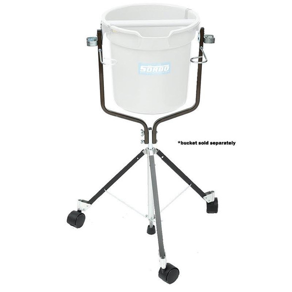 Sorbo Quadropod Complete with bucket, a portable cleaning tool stand with a white bucket, black tripod legs, and wheels for mobility.