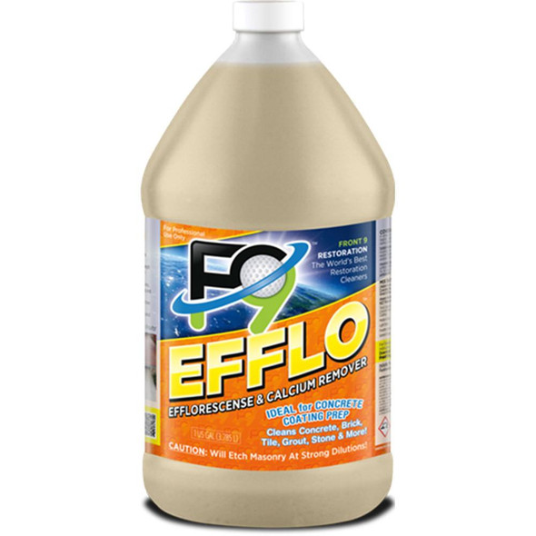 Front9 Restoration Products F9 Efflorescence/Calcium Remover, a bottle of calcium and efflorescence remover for cleaning concrete, brick, tile, grout, stone, and more.