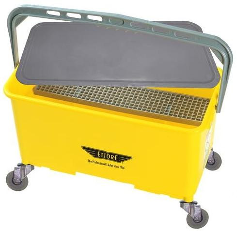 Ettore Bucket Super Lid Ettore, yellow cleaning bucket with grey lid and a drain grid, on wheels for easy mobility.
