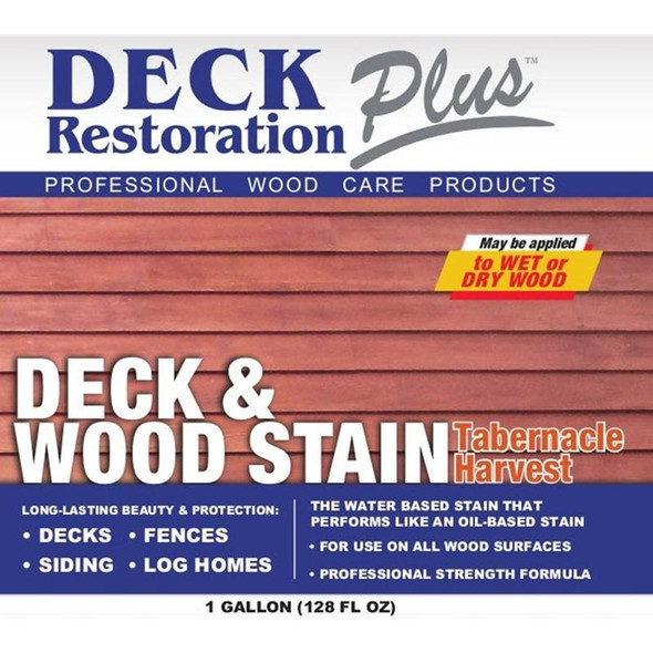 J.Racenstein Tabernacle Harvest Deck and Wood Stain DRP, product label with a wooden deck background and text indicating it is a water-based stain for wood surfaces.