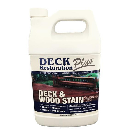 J.Racenstein Moorestown Brown Deck & Wood Stain DRP, white plastic container with handle, label showing deck and wood stain for outdoor surfaces, professional wood care product.