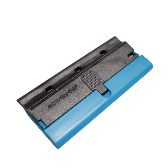 Moerman Multi Scraper with two blades, professional dental tool for cleaning and scraping, featuring a black metal scraper head and a blue plastic handle.