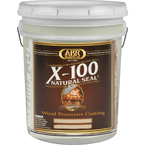 J.Racenstein X-100 Natural Seal Wood Protective Coating 5 Gallon Cedar Gold Tone, large white bucket with brown and gold label for wood preservation.