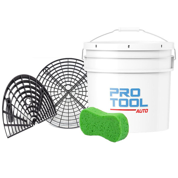 ProTool Grit Guard Bucket Kit, car cleaning bucket with two black grit guard inserts and a green sponge, used for auto detailing and washing vehicles.